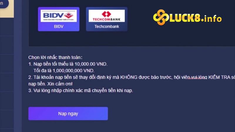 Nạp tiền vào tài khoản Luck 8 bằng Internet Banking